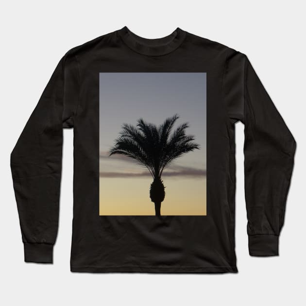 Single Palm Tree Silhouette at Sunset Long Sleeve T-Shirt by Sandraartist